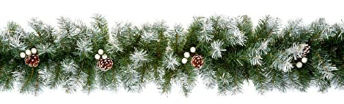 Shop4allsorts snow tipped Christmas garland decoration with white berries and pinecones - premier artificial green tree garland - stair fireplace garland - christmas decoration - 270cm 2.7m x 20cm