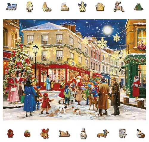 WOODEN.CITY Holzpuzzle 1000+10 Teile - Fortgeschrittene Weihnachtsabend Holzpuzzle für Erwachsene - Retro Nostalgie Holzpuzzles mit einzigartigen Weihnachtsstücken & ausgefallenen Formen - Großes