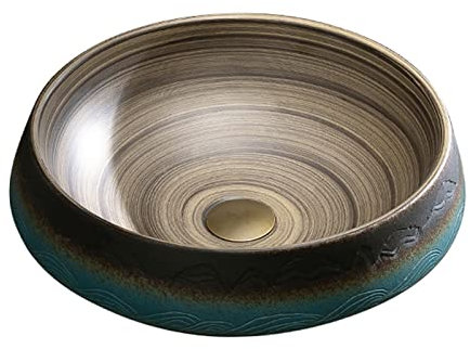 TEmkin Waschbecken im Vintage-Stil, handgraviertes Gefäß mit Rand, rundes Waschbecken aus Keramik, Unterbau-Waschbecken, ideal für Badezimmer-Waschbecken zu Hause