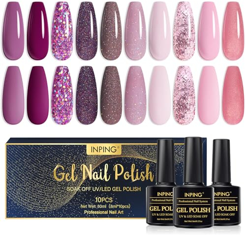 INPING Gel Nail Polish, 10 Colors Purple Plum Gel Polish, Cherry Dark Red Burgundy Nude Pink Autumn Winter Glitter Nail Varnish Soak Off UV LED for Christmas Halloween Nail Art Salon