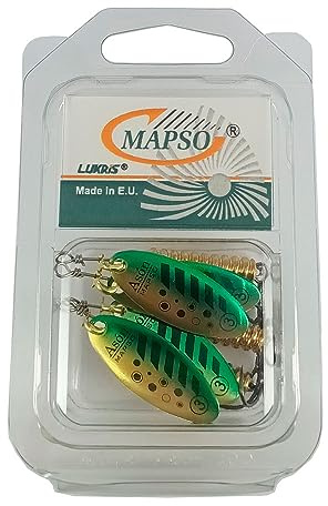 MAPSO - Blister 4 Cucharillas de Pesca ASÓN-3 Oro Rayas Negras Verdes con Anzuelo Simple sin Muerte 8 GMS.