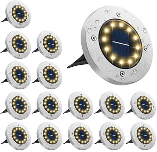 16 Stück Solar Bodenleuchten Aussen, 12 LED Solarlampen für Außen Warmweiß | IP65 Wasserdicht Gartenbeleuchtung Solar Boden Solarleuchten Garten, Solar Gartenleuchten für Rasen Auffahrt Gehweg Patio
