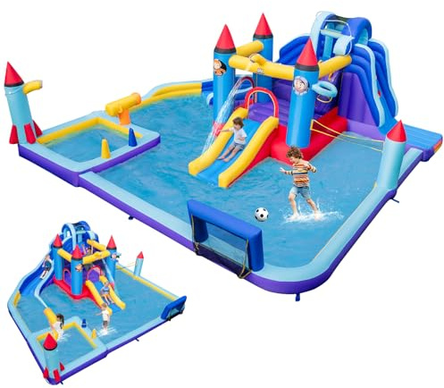 Maxmass Inflatable Bouncy Castle, Kids Water Park with Slide, Climbing Wall, Basketball Hoop, Ring Toss, Water Cannon, Outdoor Bounce House for 3+ Years Old (Astronaut Themed)