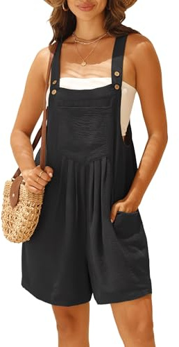 IWOLLENCE Short Dungarees For Women UK Adjustable Shoulder Straps Sleeveless Rompers with Front Pocket Maternity Jumpsuit (Black, S)