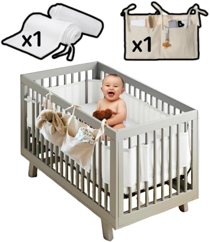Bettumrandung Nestchen, Nestchen für Kinderbetten Kantenschutz Baby Babybett mit Aufbewahrungstasche - 60x120 und 70x140 cm mit 3- bis 4-seitigen Latten - Weiß und Beige - atmungsaktives Netzfutter