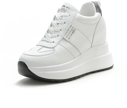 MIXSEN Scarpe Donna con Zeppa Alta 10 cm Scarpe da Ginnastica Pelle Scarpe Casual (Bianco-Nero,36EU)