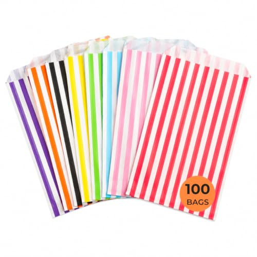 ezkart Pack of 100 - Assorted Striped Candy Paper Bags is perfect for Wedding Cake Gift Shops, Kids Parties, Popcorn, Sweet and Biscuit (Mixed, 100 Bags)