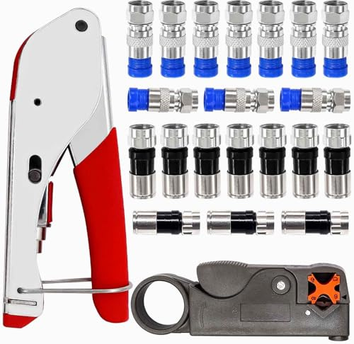 Taiss Crimpzang Koaxialkabel Set Abisolierwerkzeug mit 20 Stück Kompression F Stecker RG59/RG6 für Koaxialkabel F-070-R-GR