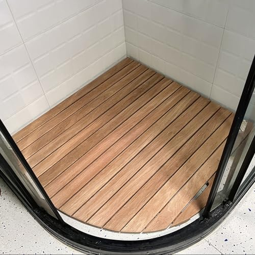 Blazea Badematte Holz Holzbadematte Fächerförmig, Lamellen Verbinden Fußpolster Plattform Anpassbar, Duschmatte aus Naturholz für Wohnmobil/Badezimmer/Sauna/Badewanne (Size : 90x90cm(35.5x35.5in))