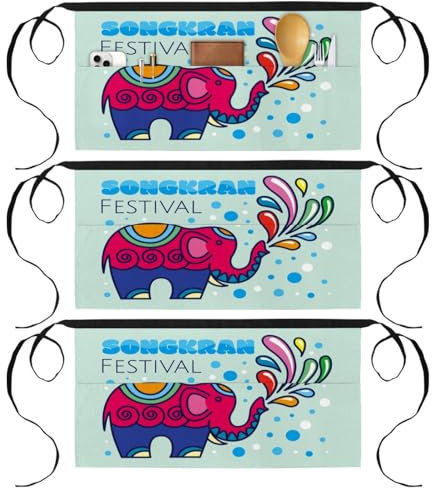 VAPOKF 3 Packungen Taillenschürze, kurze Kellnerschürze mit 3 Taschen, halbe Schürze zum Kochen, Backen, Hausreinigung, Restaurant, Arbeit, Bistro, Bar – Songkran Thai Festival, niedlicher Elefant,