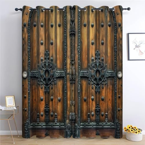 Srigzcaly Kinderzimmer Verdunkelungsvorhänge für Schlafzimmer&Wohnzimmer - 2 Stück 140x245cm(BxH), Retro-HolztüRmuster Ösen Vorhänge, Temperatur Halten und Lärmminderung, Braun Polyester Vorhange