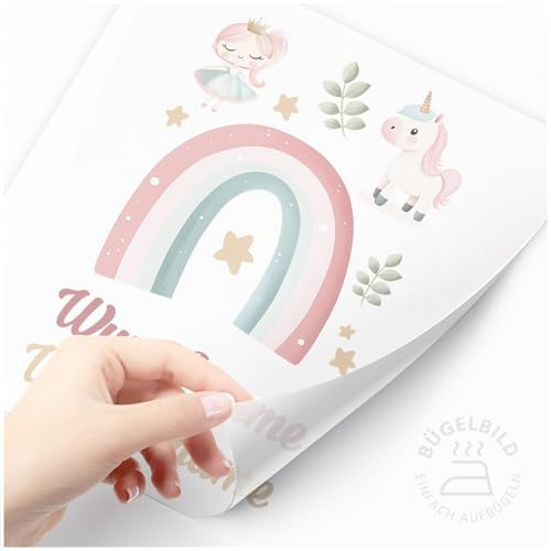 Moonworks® Bügelbilder Set für Kinder Personalisiert Prinzessin Einhorn Wunschname Patches zum Aufbügeln auf Textilien Regenbogen weiß standard