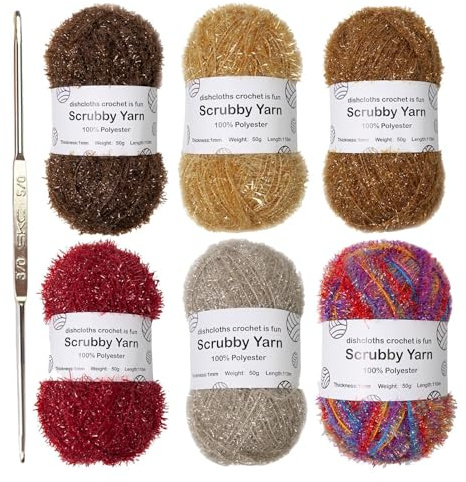6 Skeins Scrubby Yarn for Dishcloths Crocheting, Polyester Dish Scrubby Yarn, Colorful Glitter Knitting Yarn Bundle with 1 Crochet, Assorted Colors Pastel Yarn for Dish Towel