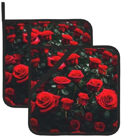 Set di presine isolanti con stampa di rose rosse, presine per cucina, adatte per microonde, forno e barbecue all'aperto