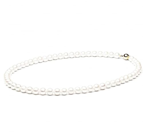 Gaura Perlenkette Damen – Weiße runde Süßwasserperlen 7,5–8 mm • 50 cm Matinee-Länge • 585 Weiß-/Gelbgold-Verschluss • Handgefertigter Luxusschmuck & Geschenk