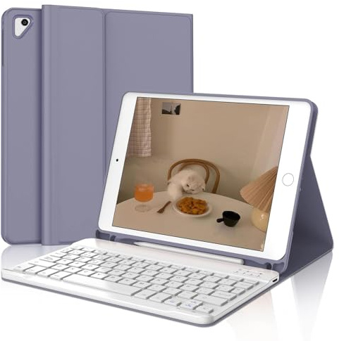 IVEOPPE Teclado iPad 6 Generación 2018 9.7, Funda Teclado Español Ñ Bluetooth Magnética Wireless para iPad 6a Gen/5a Gen/Pro 9.7/Air 2/Air 1, Púrpura Lavanda