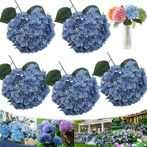 Grandes hortensias artificielles d'extérieur en soie réalistes résistantes aux UV avec tiges pour décoration de maison, de mariage (bleu, 5 pièces)