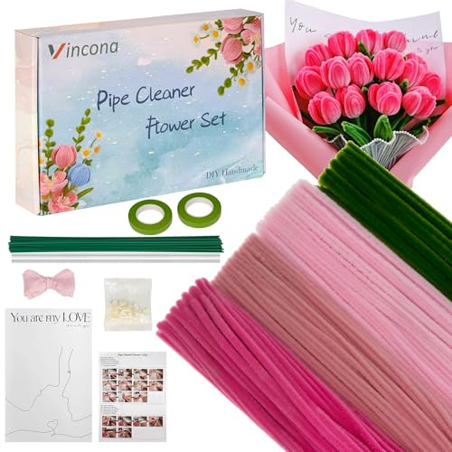 Vincona 400 Stück Pfeifenreiniger Blumen Set, Pfeifenputzer Blumen Zum Basteln （4 Farben） Inklusive 20 Blütenstiele, Band und Straußverpackung für Blumenstrauß DIY Rose
