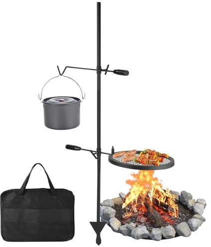 Swivel Campfire Grill, 34cm Open Fire Grate Pit,Over Fire Camp Grill with Carrying Bag, Adjustable Swivel Grill-Grate and Hanger Rod for Outdoor Camping Barbecue
