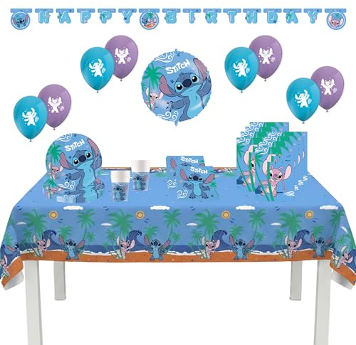 Procos - Décoration d'anniversaire Stitch, set de 55 pièces, contient 8 assiettes en carton, 8 gobelets en carton, 20 serviettes, nappe, guirlande, 8 ballons, un ballon en plastique, 8 sacs de fête