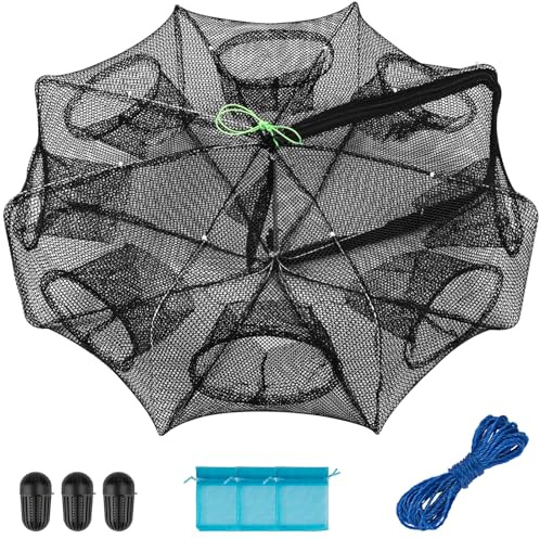 QualyQualy Fishing Bait Trap Crab Net Fishing Trap for Minnow/Crab/Shrimp/Crawdad with Rope, 8/10 Holes Large Space Fishing Net (8 Holes - 1 Pcs, 70 * 25) (8 Holes - 1 Pcs)