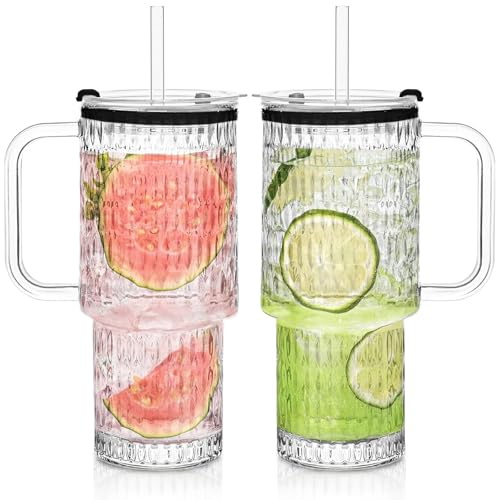 AprZLee 760ml Glasbecher mit Deckel und Strohhalm, 2 Stück Glasbecher mit Deckel und Strohhalm, Eiskaffeebecher mit Deckel, Trinkgläser für Saft, Smoothies