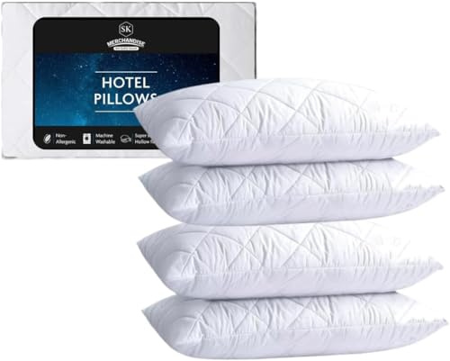 4 Pack Premium Hotel Pillows – Quilted Cover & Soft Hollowfibre Filling – Down Alternative Bed Pillows for Back, Side & Stomach Sleepers – Plush & Supportive