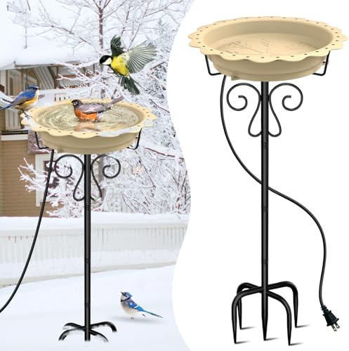 Jvgoo Heated Bird Bath for Outside Winter, Powerful 100W Thermostat Control Heated Bird Baths for Outdoors with 5-Prong Metal Stake, Heated Birdbath Water Heater for Garden Yard Patio Lawn (Khaki)