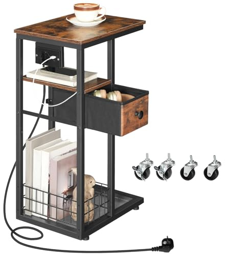 HOOBRO Beistelltisch C Form mit Ladestation, Nachttisch mit Rollen und verstellbaren Füßen, Sofatisch mit Schublade, für Wohnzimmer, Schlafzimmer, Vintagebraun und Schwarz EBF79CSF01