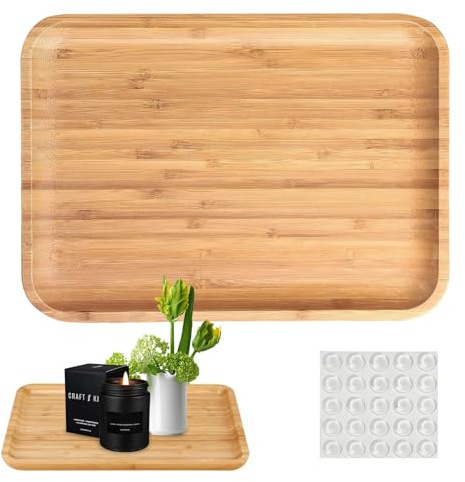 Bamboo Vanity Tray, 30x20x2cm Bamboo Serving Tray with Anti-Slip Stickers, Reusable and Durable Disposable Wooden Serving Trays, Small Solid Bamboos Tea Serving for Serving, Breakfast, Drinks