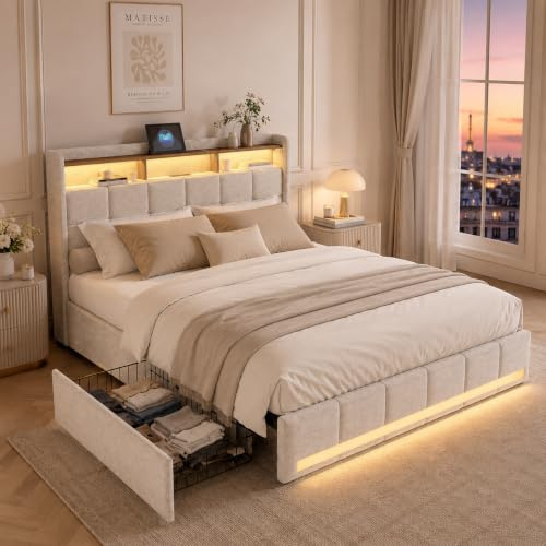MIOOSUT Dubbelsäng med 4 lådor, vadderad säng med förvaring av dubbelsäng, med LED-sängunderlag och USB-bagageutrymme, 180 x 200 cm, med 2 personer (beige, 180 x 200)