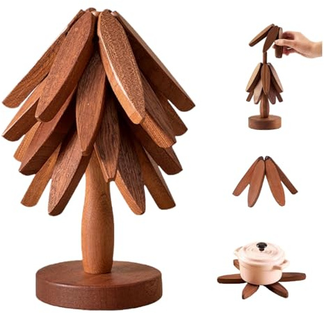 Natural Wooden Trivets Coasters, Christmas Tree Trivet Set, Foldable Trees Shape Trivets Set with Stand, Heat Resistant Pot Holders for Hot Dishes/Pans, Kitchen & Christmas Table Decor (Walnut)