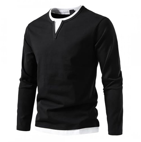 T-shirt à manches longues pour homme - Coupe ajustée - Col en V - Manches longues - Sport décontracté - T-shirt d'entraînement musculaire - Pull d'hiver en coton - Pull 2 en 1, Noir , XXL