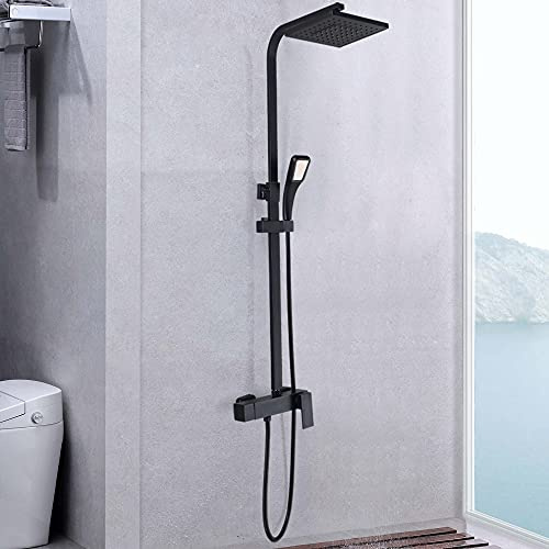 WFIETN - Juego completo de grifo de ducha, acero inoxidable, versátil ducha, con ducha de cabeza y ducha de mano, barra de ducha de 80-100 cm, altura ajustable, color negro