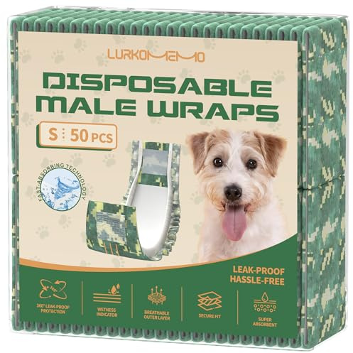 LURKOMEMO Dog Diapers Male,50 Count Small Male Dog Diapers Disposable for Doggie & Puppy,Ultra Absorbent Male Dog Wraps,Belly Bands for Male Dogs with Wetness Indicator(S Same as Other Brands' XS)