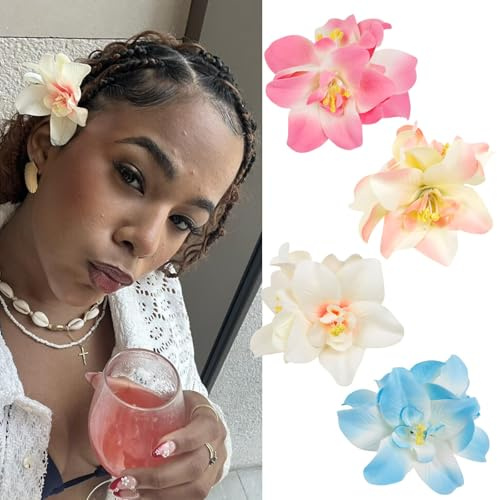4 stycken blommor för hår dam, molleton hawaiiblomma, hårklämma Boho-stil, håraccessoar med blomma för hawaiiansk strand, semester, pool, fester (Färg-A)