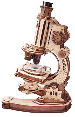 ROKR Rompecabezas de madera 3D, kit de construcción de modelos mecánicos, microscopio de trabajo real con aumento de 400X y luz LED, decoración de escritorio científico vintage, regalo STEM para