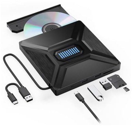 kelongn External DVD/CD drive,6-in-1multi-functional 2 USB 3.0 high-speed transmission, 2 SD/TF card slots/1 Micro USB Portable optical drive,compatible with all systems including Windows/Mac/Linux