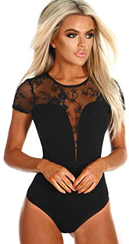 NBBNYJ Body Donna Elegante Vintage Estivi Manica Corta In Pizzo Nero Bodysuit Blusa Camicie Top Tuta Abbigliamento (Nero, L)