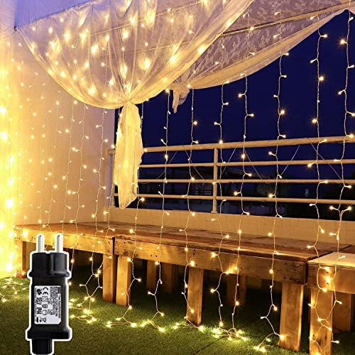 Yinuo Mirror Luces Navidad Led, Cortina de Luces 3x3㎡ Cable de Cobre 300 Led, Resistente al Agua, 31v, 8 Modos de Luz, Navidad Decoración, Fiestas, Bodas, Jardín, Blanco Cálido