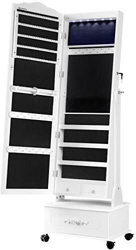 SONGMICS Jewelry Cabinet with Wheels, Mirror, Lockable Freestanding Jewelry Organizer with LED Lights, Large Drawer, White UJJC061W01