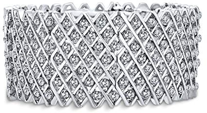 Bling Jewelry Bräute Hochzeit Mode Breite Silber Plattiert Weiß Kristall Verkrustet Aussage Stretch Armband Für Frauen Teens Abschlussball Einstellbar