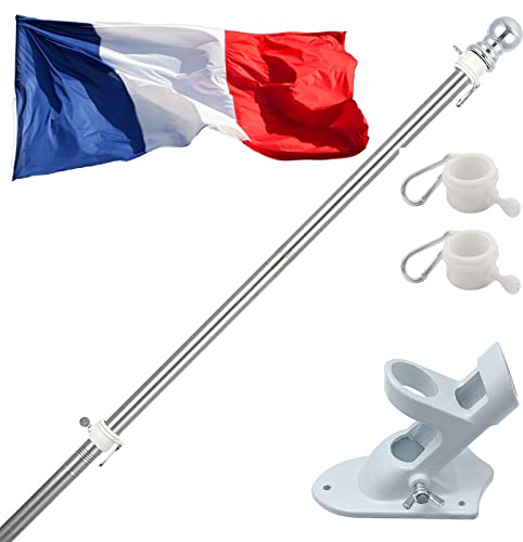 Kit de Mât en Aluminium 180cm avec Support en Acier Inoxydable à Fixe au Mur avec Anneaux Rotatifs, Comprend Drapeau France