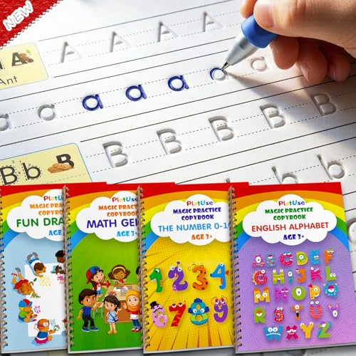 Magisk övningsbok, återanvändbar skrivövningsbok, läromaterial, magisk penna, handstil övning för barn ålder 3-8 år för förskola kalligrafi (4 st med pennor) medium
