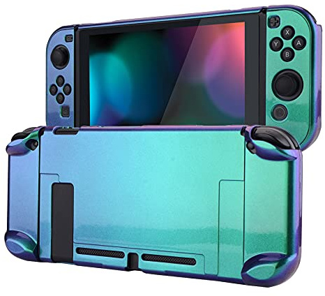 eXtremeRate Hülle Kompatibel mit Nintendo Switch Joy Con Konsole, Case Schutzhülle Zubehör trennbare andockbare Hülle für Nintendo Switch(Grün Lila)