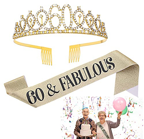 ASTER Geburtstags Königin Kronen Schärpe, 60. Geburtstagsschärpe und Tiara, 60 Birthday Tiara and Sash, Prinzessin Haar-Zusätze für Geburtstags Kristall Tiara Kronprinzessin Party Zubehör