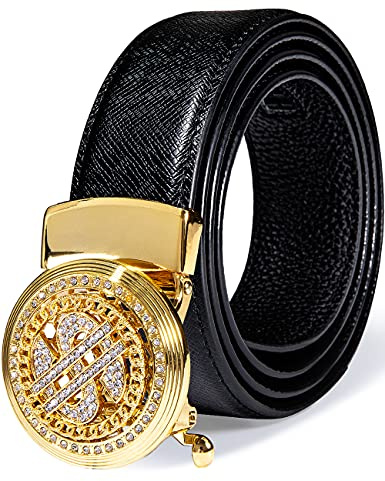 YOHOWA Cintura a cricchetto per gli uomini in vera pelle 1 3/8 scorrevole Designer automatico click fibbia regolabile sostituzione matrimonio, Oro Dollaro, 51(130cm),adjustable