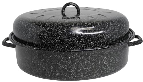 MIRRO 15 Inch Enamel Oval Roaster with Lid for Turkey, Black