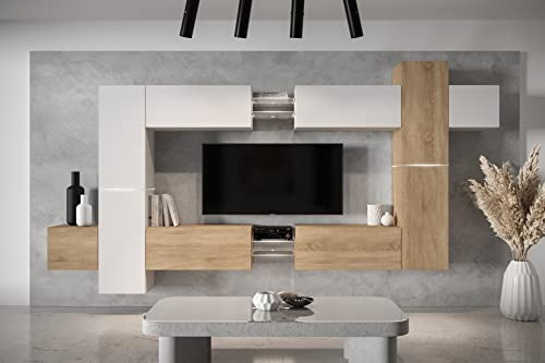 Furnitech Wohnwand Wohnzimmer - Wohnzimmer Möbel mit LED RGB - 16 Farben - Hängend Wohnwand Modern - Wohnzimmer Schrankwand mit Regale und TV Schrank (AN91NEW-21WS-M12)