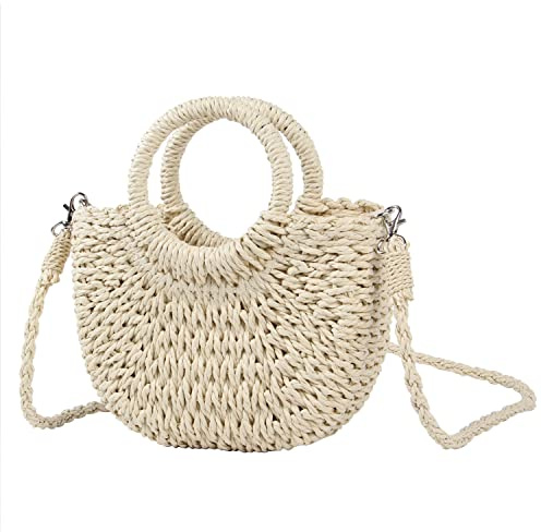 Naudamp Damen Stroh Strandtasche Handtasche Hobo Runder Griff Sommer Handgewebte Taschen Kleine Geldbörse mit Riemen